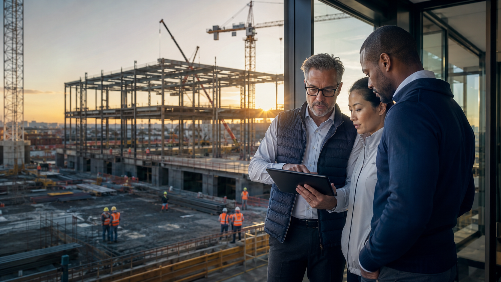Owner leadership team reviewing verified project information at an active construction site