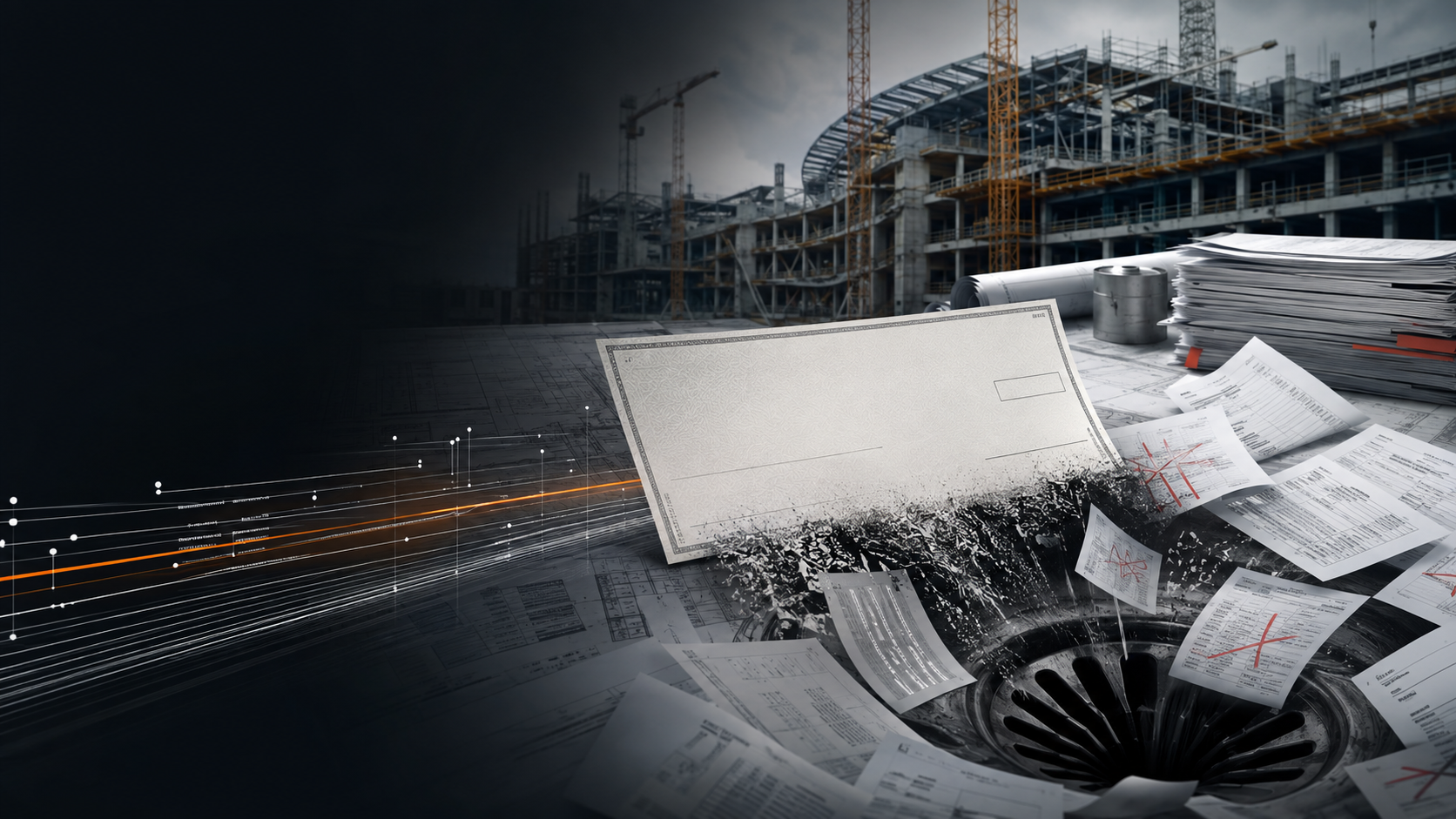 Blank check and fragmented construction records being pulled into a financial drain at a major construction project